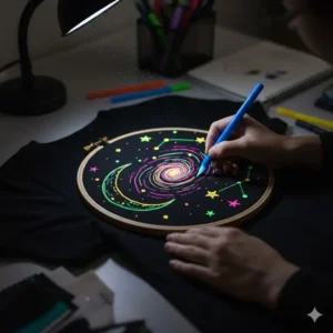 A person using a glow in the dark paint pen to customize a black cotton t-shirt with glowing celestial designs.