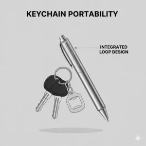 Digital illustration of a mini short pen with a loop attached to a keychain for portability.