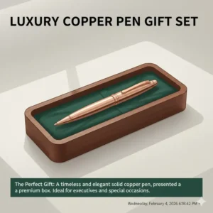 A luxury copper pen presented in a premium wooden gift box for executive gifting.