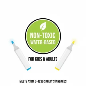 A safety icon highlighting the non-toxic and water-based formula of these glow in the dark paint markers.