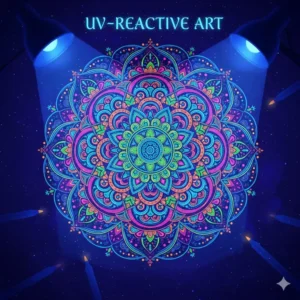 Intricate mandala art piece glowing under UV light created with professional glow in the dark markers.