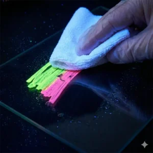 A damp cloth easily wiping away ink from erasable glow markers on a non-porous surface.
