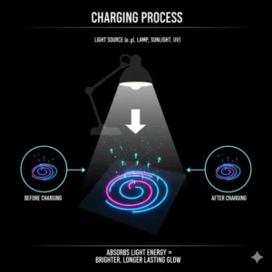 Diagram showing a glowing drawing being charged under a bright lamp to maximize the glow in the dark paint pen effect.