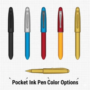 A variety of colorful pocket ink pen options displayed in a flat-lay arrangement.