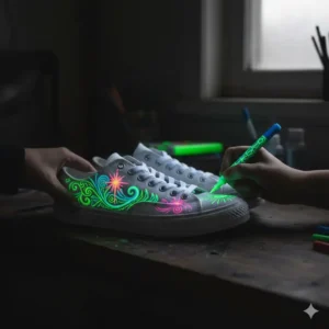 A pair of custom sneakers being decorated with colorful patterns using glow in the dark paint markers.