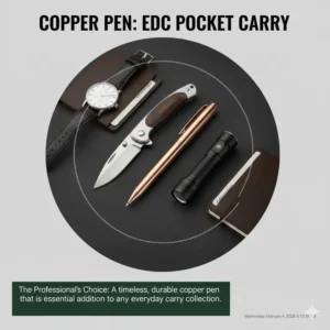 An everyday carry (EDC) flat-lay featuring a durable copper pen with a watch and pocket knife.