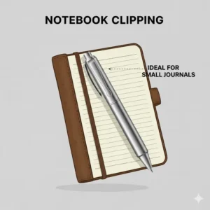 A short pen clipped to a pocket-sized traveler's notebook, showing its ideal scale for small journals.
