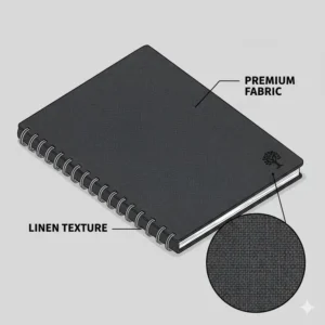 Detailed texture illustration of a linen-wrapped hardcover spiral journal cover.