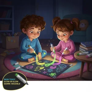 Two children drawing on a dark poster board with non-toxic and washable glow in the dark markers.