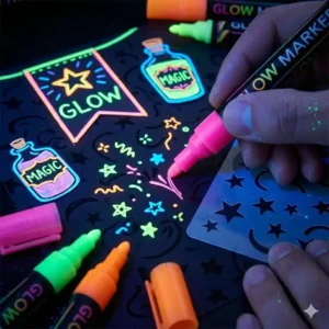 Creative DIY party decorations and posters hand-painted with colorful glow markers.