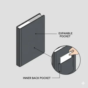 Illustration of the expandable inner back pocket of a professional hardcover spiral journal.