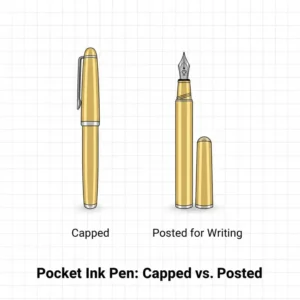 A side-by-side view of a pocket ink pen in both capped and posted positions for length comparison.