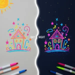 Comparison showing how the ink of glow in the dark markers looks in daylight versus its luminescence at night.