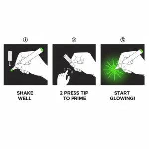 Step-by-step diagram on how to shake and prime the nib of new glow in the dark paint markers.