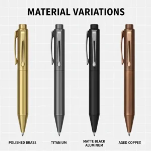 A lineup of short pen models in various finishes including brass, titanium, and matte black aluminum.