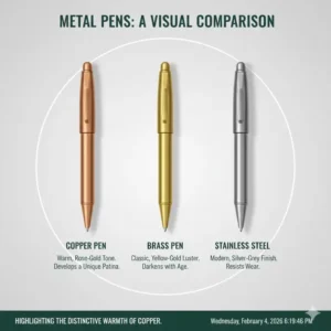 A comparison of a copper pen next to brass and stainless steel versions to show different metal tones.