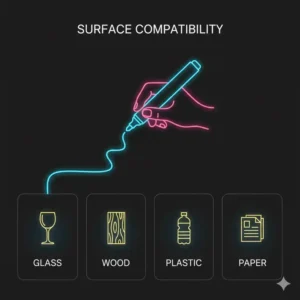 Graphic showing a glow in the dark paint pen working on various surfaces including glass, wood, plastic, and paper.