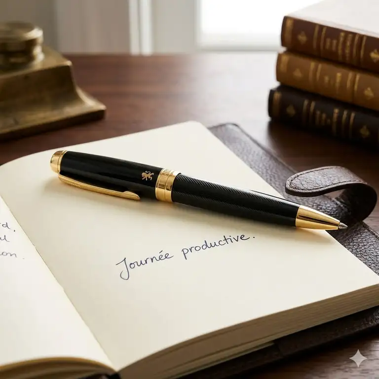 A luxury fancy ballpoint pen with gold accents resting on a leather-bound journal.