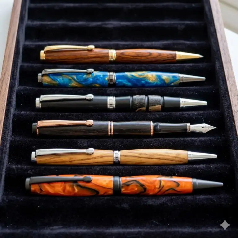 A collection of premium turned pens crafted from exotic hardwoods displayed on a velvet tray.