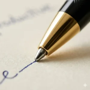 Macro close-up of a fancy ballpoint pen tip writing smoothly on premium paper.