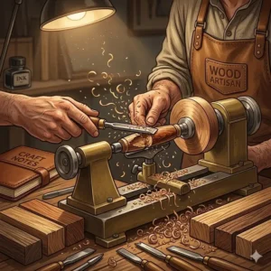 A skilled artisan using a lathe to create handcrafted wood pens in a traditional woodworking workshop.