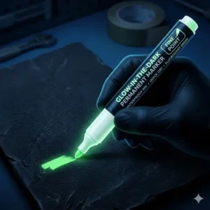 Close-up of the fine tip and waterproof ink label of a professional glow in the dark permanent marker.