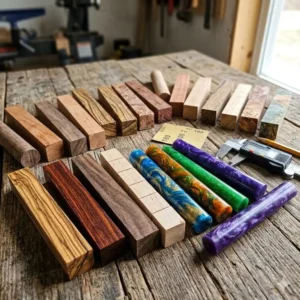 Assorted olive wood and acrylic blanks prepared for making custom turned pens.