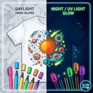 A professional set of various colored glow in dark fabric markers with different tip sizes for artists.