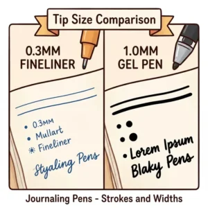 A side-by-side stroke comparison of different tip sizes for professional journaling pens.