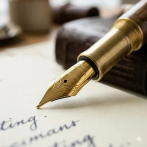 Close-up detail of a 14k gold nib on a polished walnut wooden fountain pen.