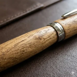 A handcrafted wooden pen resting on a leather desk mat next to an open notebook.