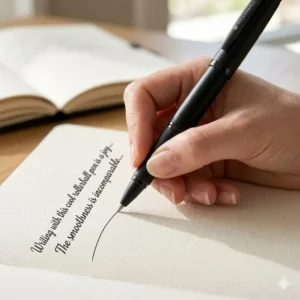 Close-up of a hand writing smoothly on paper using cool rollerball pens