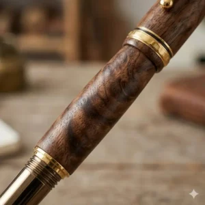 A close-up view showing the intricate detail of custom wood pens craftsmanship.