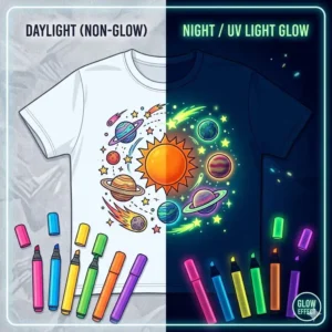 An illustration showing how to charge the ink of glow in dark fabric markers under a bright light source.