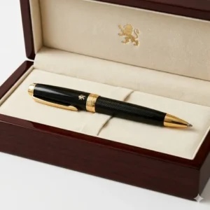 A premium fancy ballpoint pen presented in a luxury mahogany gift box.