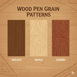 An infographic comparing various wood grain textures used for handcrafted wood pens including walnut and maple.