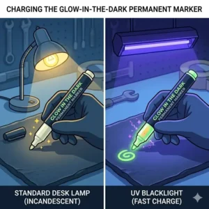 A side-by-side comparison of charging a glow in the dark permanent marker under a desk lamp and UV light.