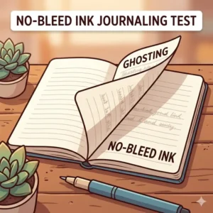 An illustration showing the no-bleed and anti-ghosting ink performance of high-quality journaling pens.