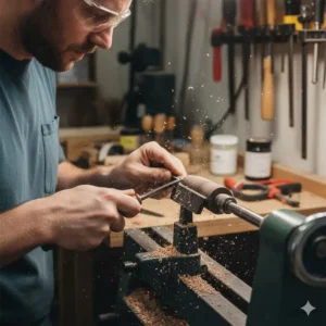 A craftsman using a wood lathe and chisel to shape a bespoke turned pens masterpiece.