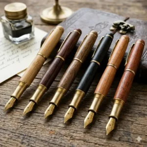 A variety of wooden fountain pen styles made from rosewood, bamboo, and ebony displayed in a row.