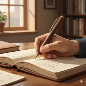 A person writing in a journal using an ergonomic wooden pen made from dark walnut.