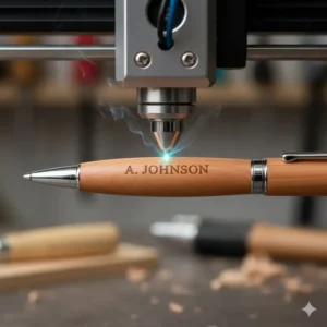 A laser engraving machine personalizing one of our custom wood pens.