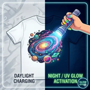 A close-up view of a hand applying glow in dark fabric markers to create cosmic patterns on a denim jacket.