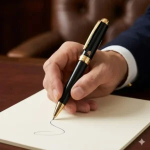 An executive holding a fancy ballpoint pen to showcase its ergonomic design.