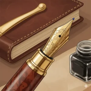 A close-up view of a gold-plated nib on a handcrafted wood pens model showing high-precision craftsmanship.