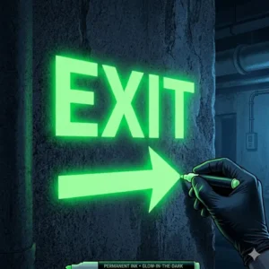 An emergency exit sign clearly labeled with a glow in the dark permanent marker for low-light visibility.