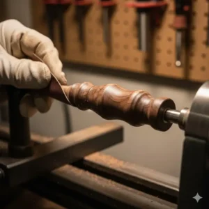 Close-up of the sanding process on a turned pens barrel to achieve a smooth finish.
