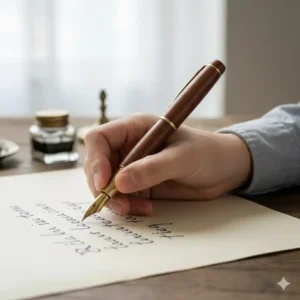 A person’s hand writing calligraphy on parchment paper using a vintage wooden fountain pen.