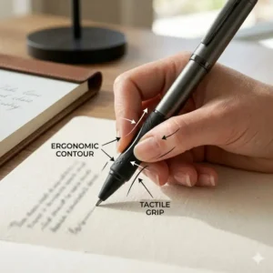 Demonstration of the comfortable ergonomic grip found on these cool rollerball pens.