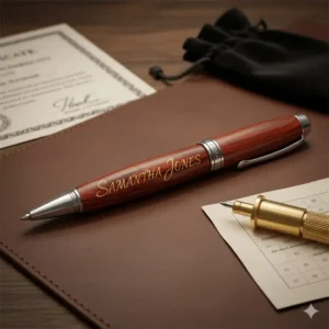 A personalized name engraving on the barrel of one of our premium handcrafted wood pens.